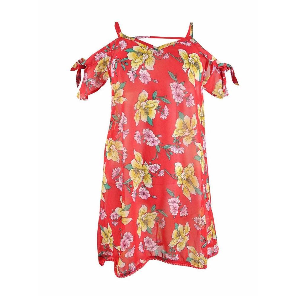 Miken Women's Printed Cold-Shoulder Dress Swim Cover-Up, Poppy Red Citrus XS